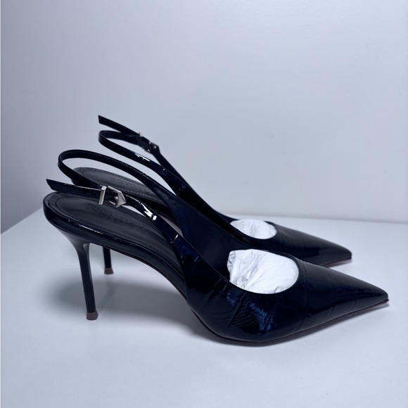 Schutz Paola Black Patent Croc Leather Pointed Toe Slingback Stiletto Heels 8 - Picture 5 of 9